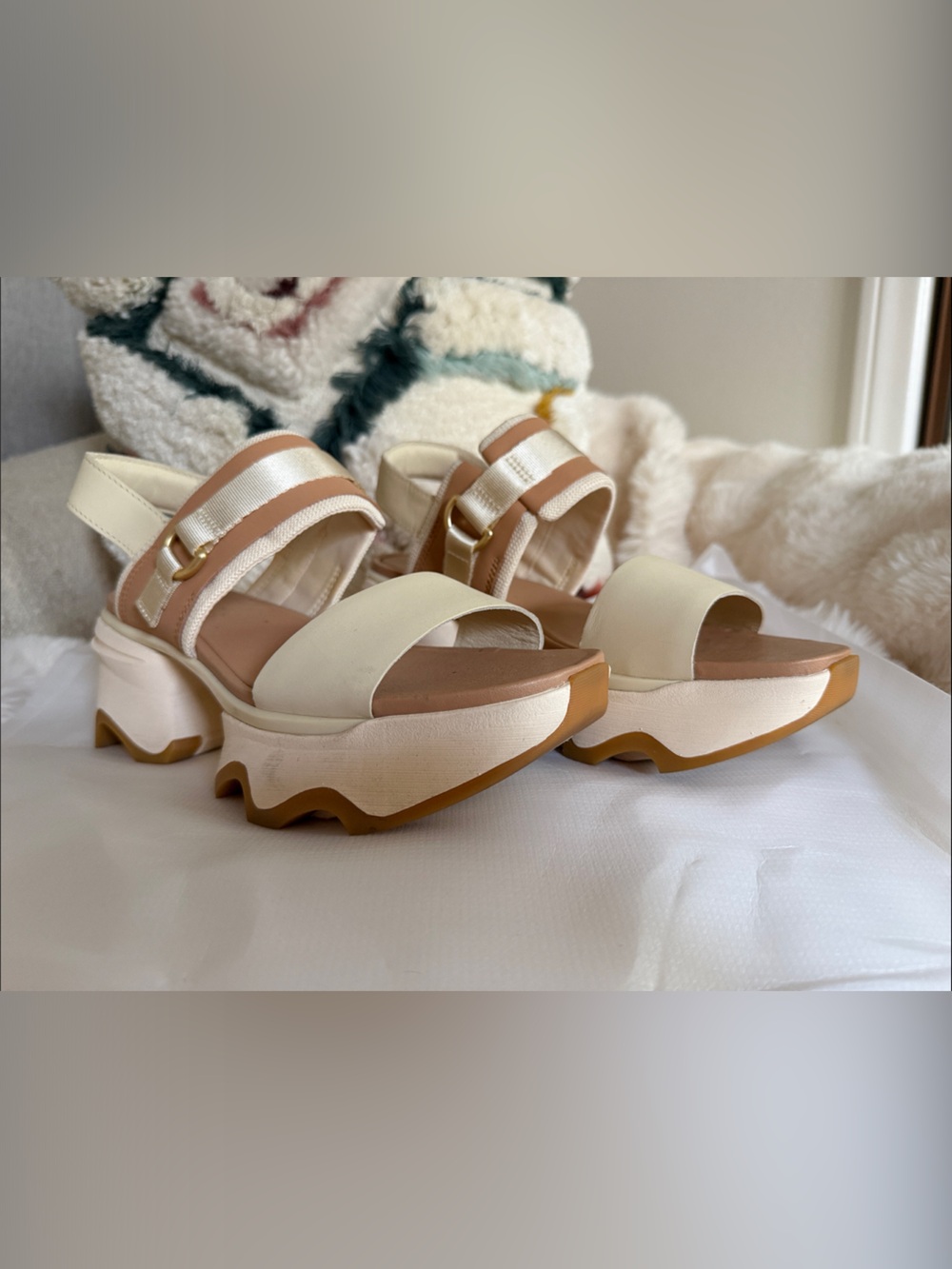 Sorel Cream and Tan Platform Sandals with Strappy Ankle Buckle